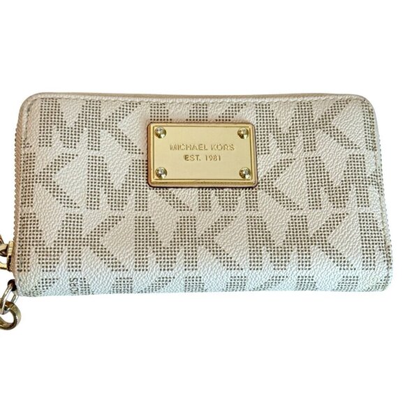 Michael Kors Women's Logo Print Wristlet Wallet Brown Tan Zip - Picture 3 of 7